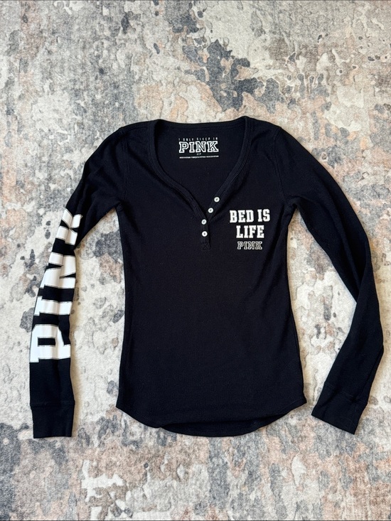 PINK Victoria's Secret Tops - PINK Victoria's Secret Black 'Bed Is Life' Long Sleeve Sleep Shirt